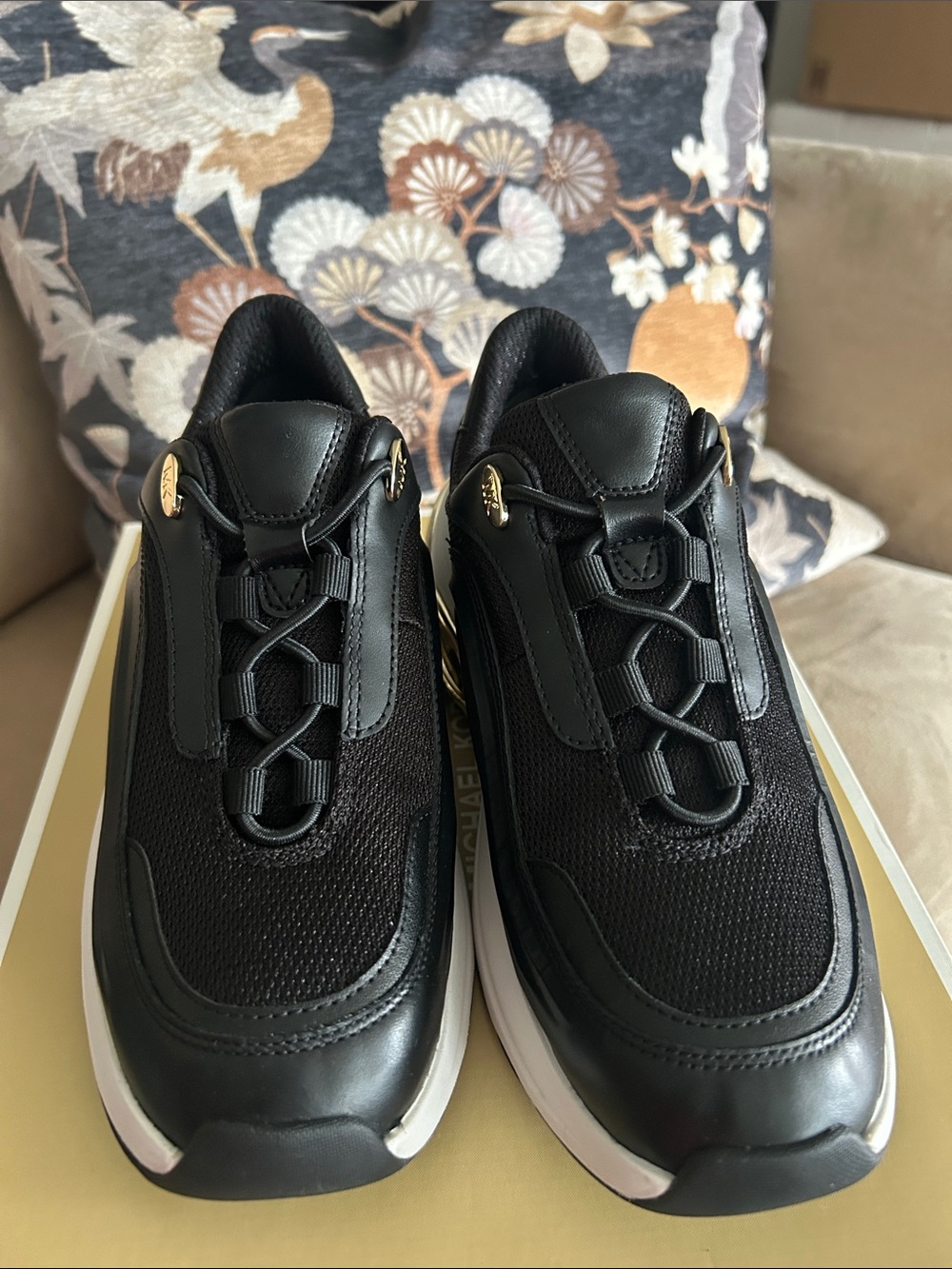 Michael Kors Women’s Black & White Sneakers with Gold Heel Detail